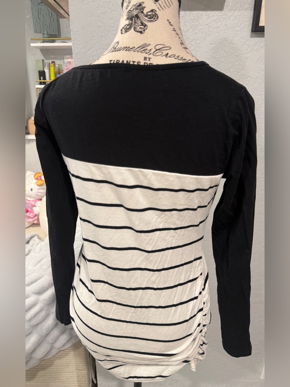 Maternity Striped Long Sleeve Top Medium Black Ivory Ruched Pregnancy Shirt - Picture 6 of 7